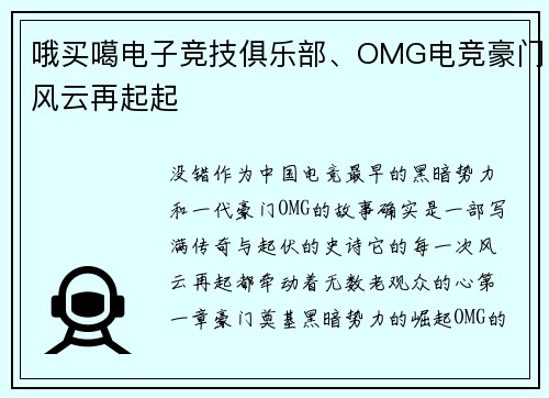 哦买噶电子竞技俱乐部、OMG电竞豪门风云再起起